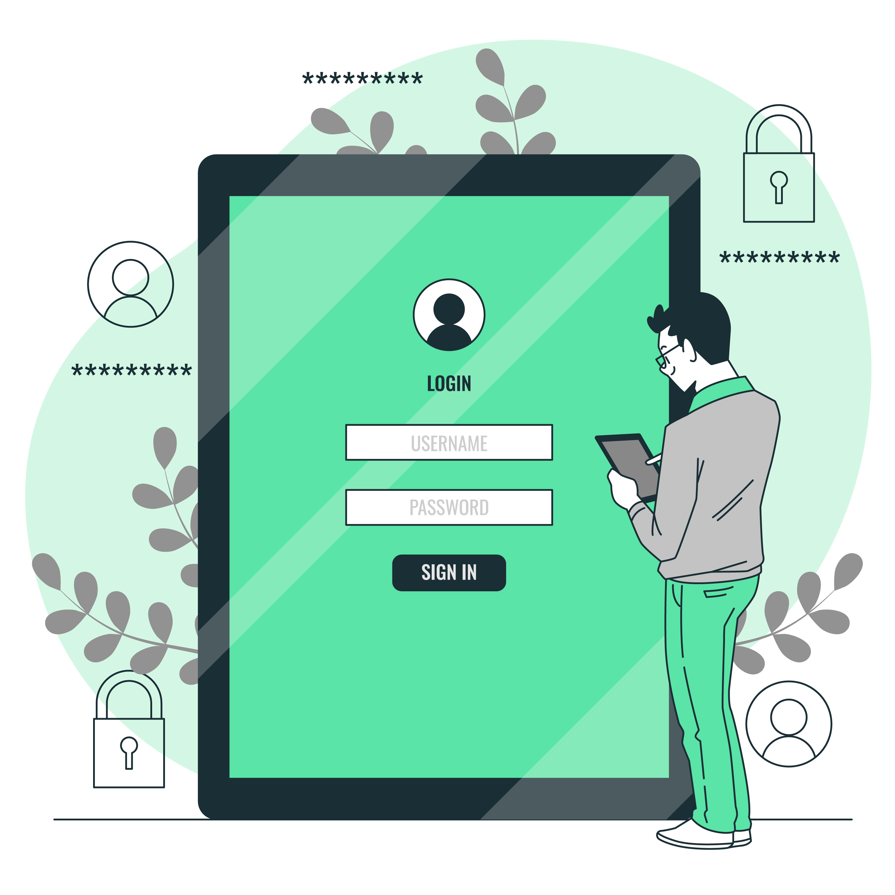 Vector image with a login form, and a standing person beside it