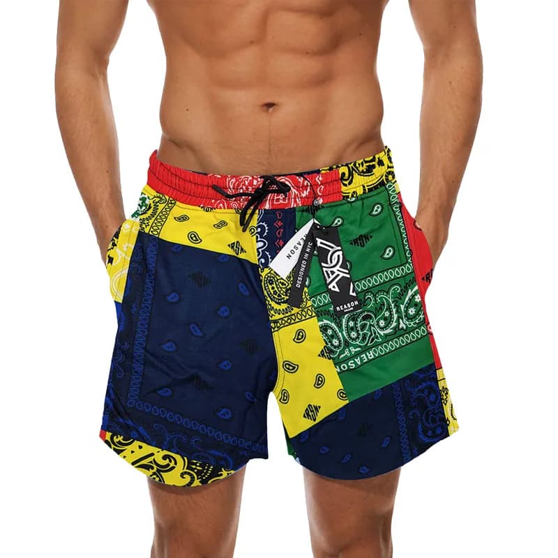 Featured product image of mens-fleece-shorts-gym-bermuda-aop-graphic-beachwear-red-and-yellow