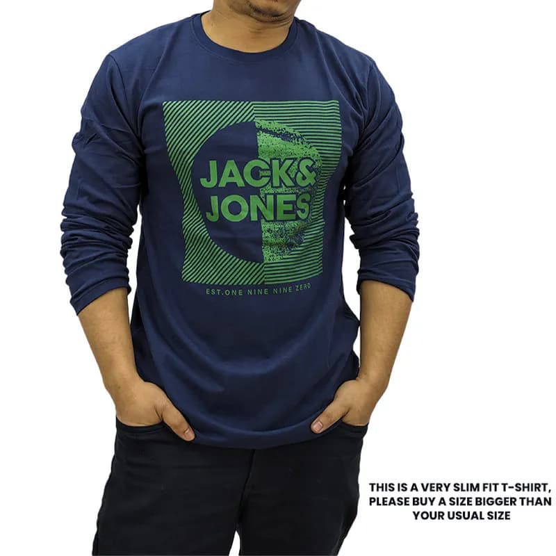 Featured product image of jack-and-jones-mens-long-sleeve-t-shirts-slim-fit-top-navy-and-green