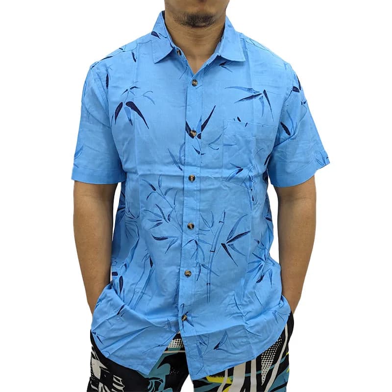 Featured product image of hawaiian-mens-printed-shirts-short-sleeve-beach-floral-top-sky-blue-leaves