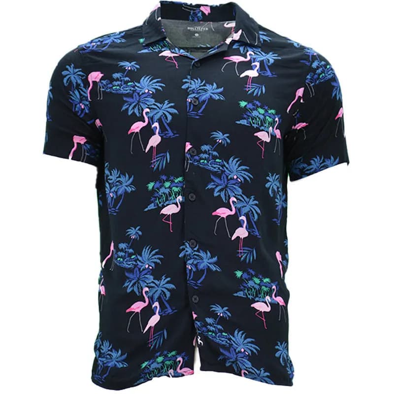 Featured product image of hollister-mens-floral-shirt-summer-short-sleeve-black-and-pink