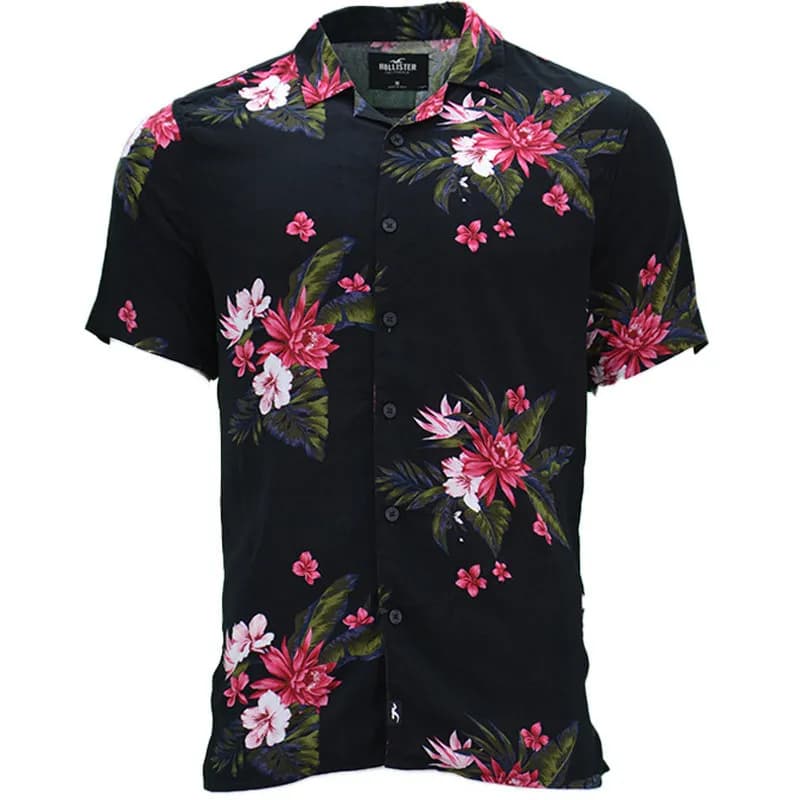 Featured product image of hollister-mens-floral-shirt-summer-short-sleeve-black-and-red-floral