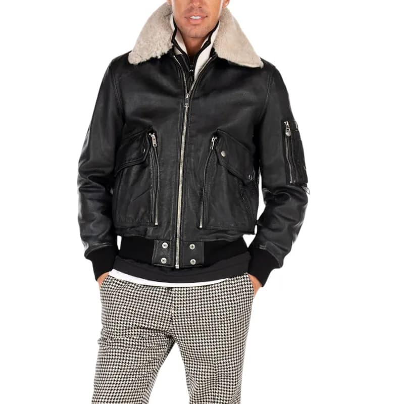 Diesel L-stephen Mens Leather Jacket Aviator Fur Collared - Top