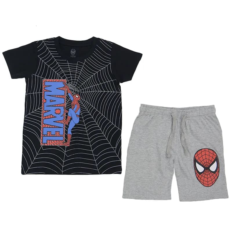 Featured product image of kids-boys-t-shirt-shorts-set-marvel-spiderman-summer-outfits-black-and-grey
