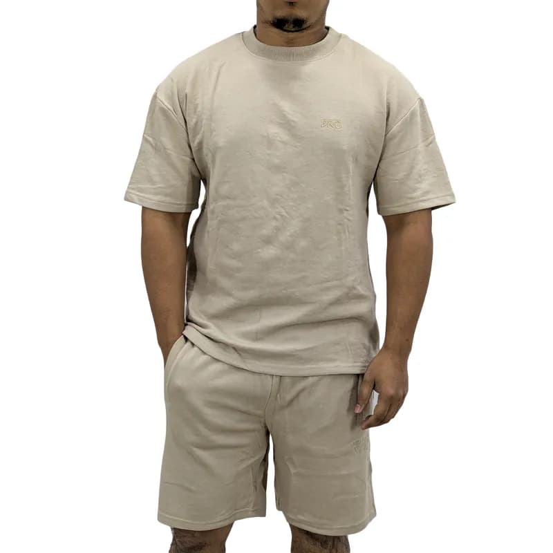 Featured product image of pull-and-bear-mens-t-shirt-shorts-set-cozy-nightwear-bottom-top-beige
