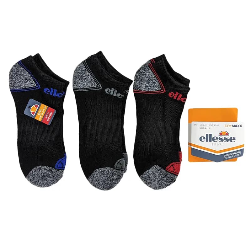 Featured product image of ellesse-mens-low-cut-socks-3-pack-trainer-socks-black-and-blue