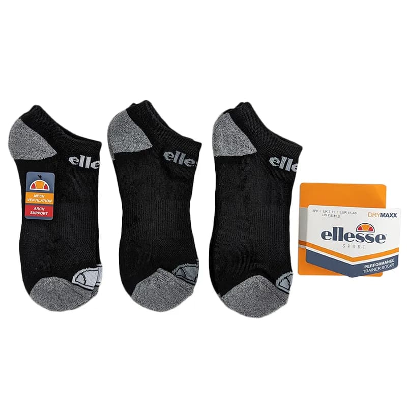 Featured product image of ellesse-mens-low-cut-socks-3-pack-trainer-socks-black-and-grey