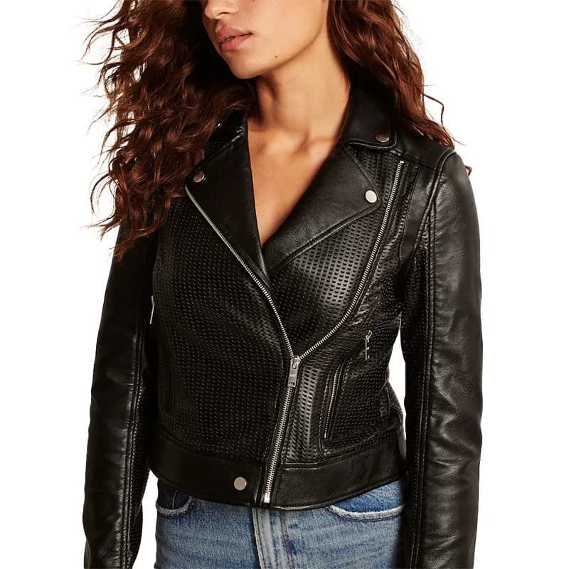 Featured product image of abercrombie-fitch-womens-leather-biker-jacket-vegan-perforated-moto-af-black