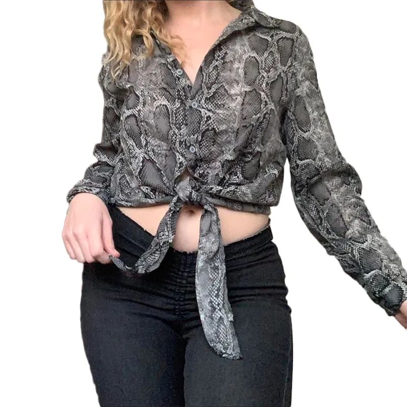 Featured product image of brave-soul-womens-snake-print-shirts-tie-top-black