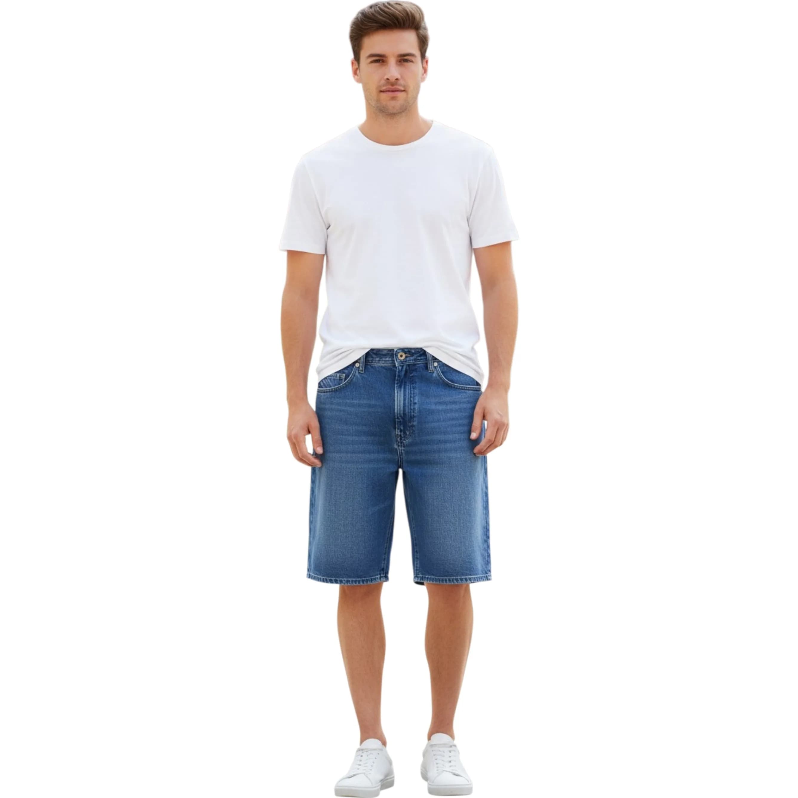 Diesel D-Oliver 084EF men's denim shorts front view, relaxed fit wide leg