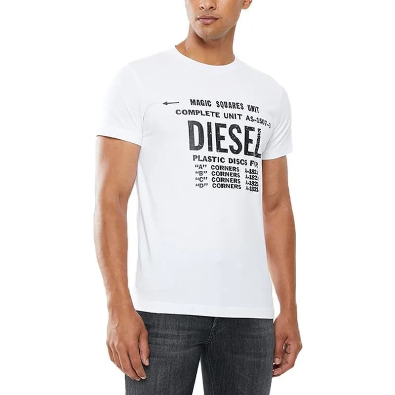 Diesel T-Diego-B6 men's cotton t-shirt front view with printed chest graphics