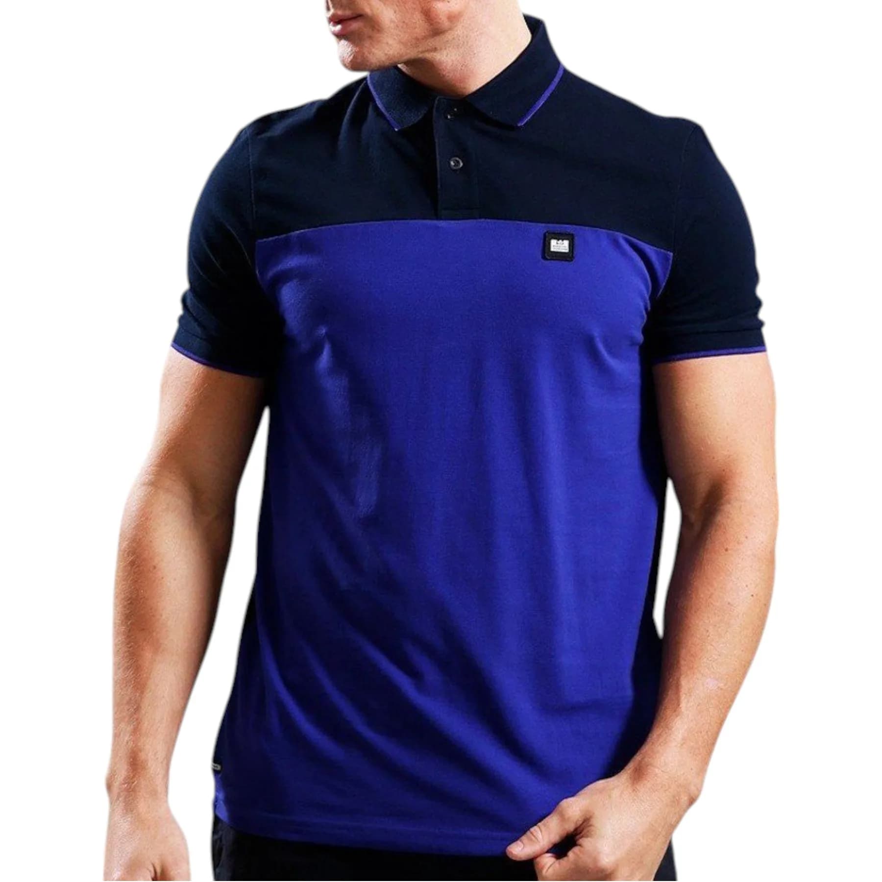 Weekend Offender black and blue cotton polo shirt front view