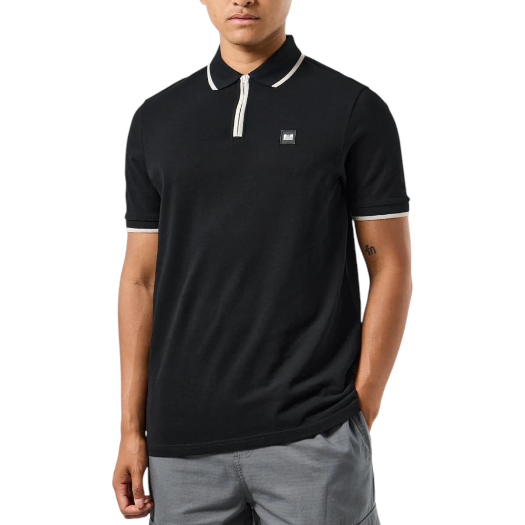 Weekend Offender mens black cotton polo shirt with metal zip front, front view