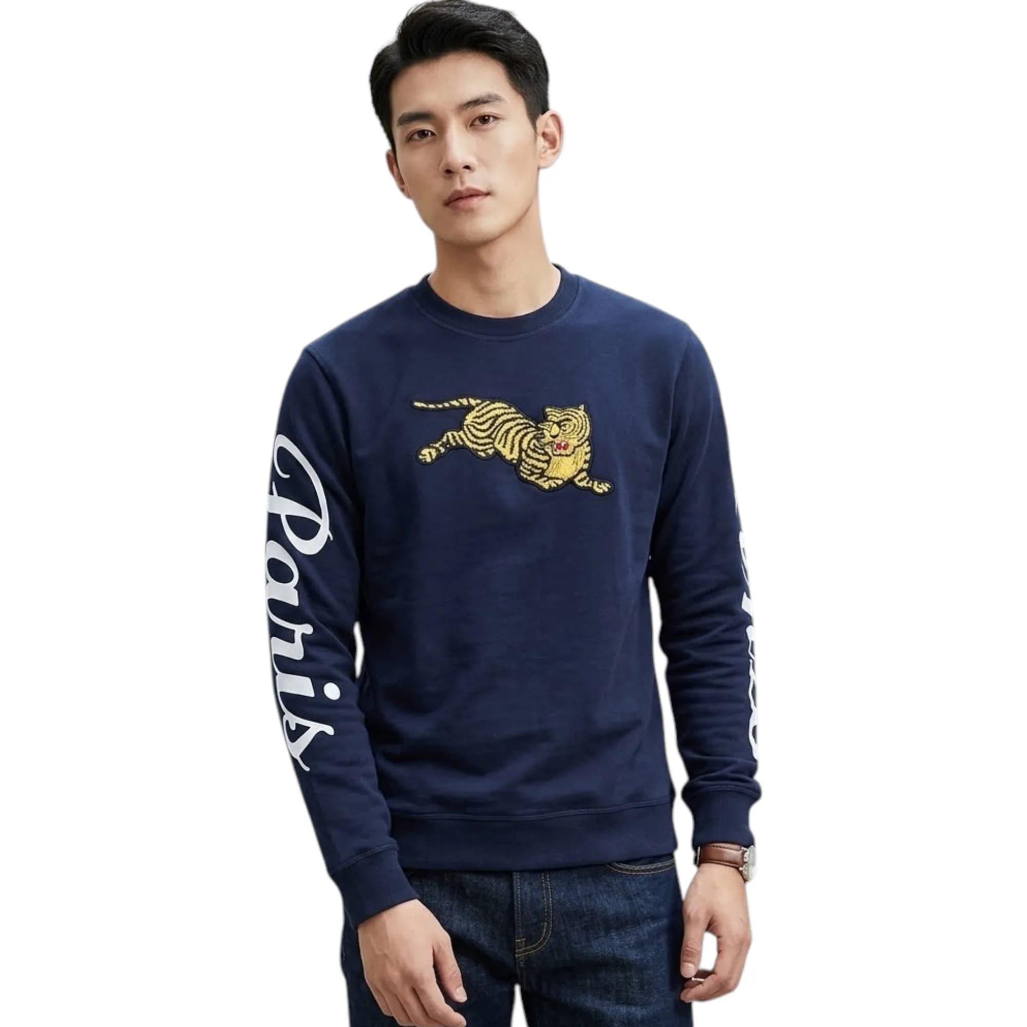 Kenzo navy cotton sweatshirt with tiger embroidery, front view