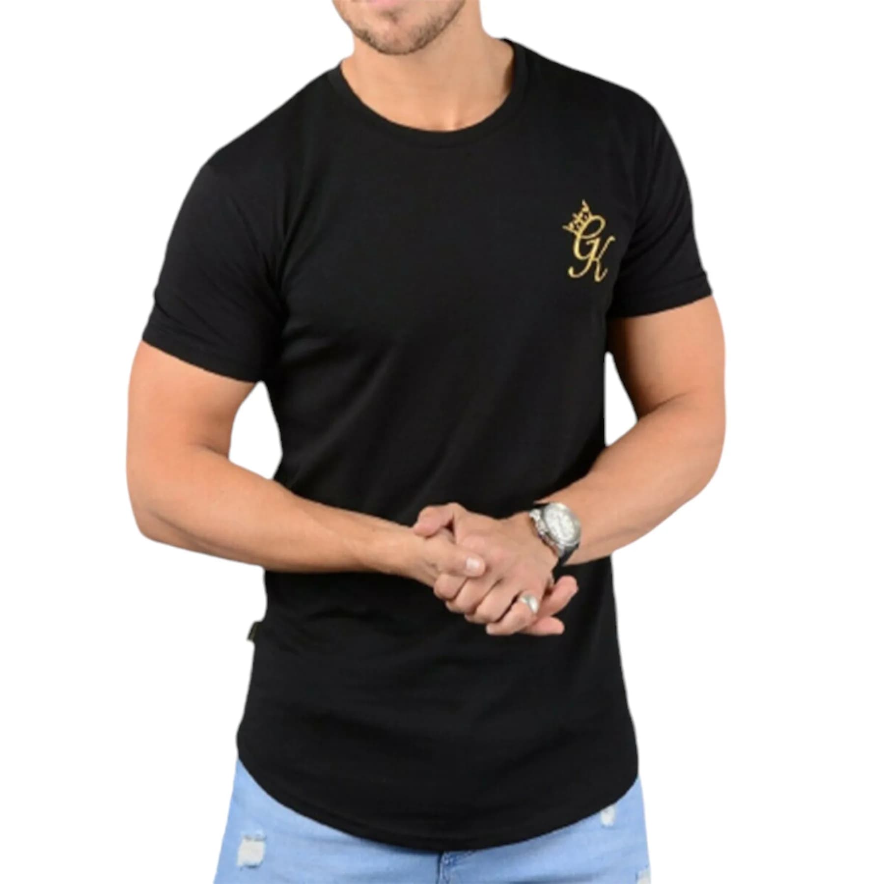 Gym King black longline fitted tee shirt front view with embroidered GK logo