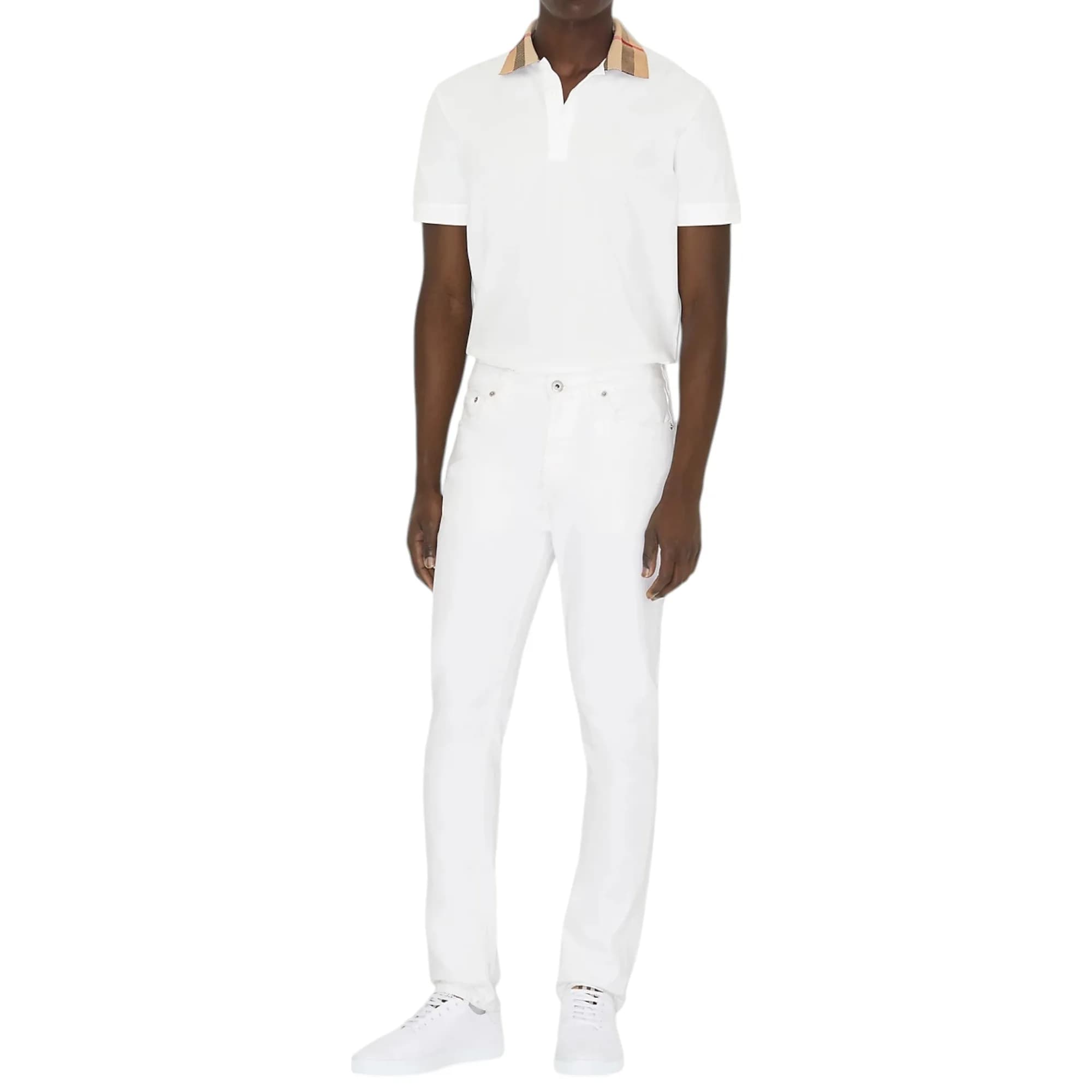 Burberry men's white cotton piqué polo shirt with check collar, front view