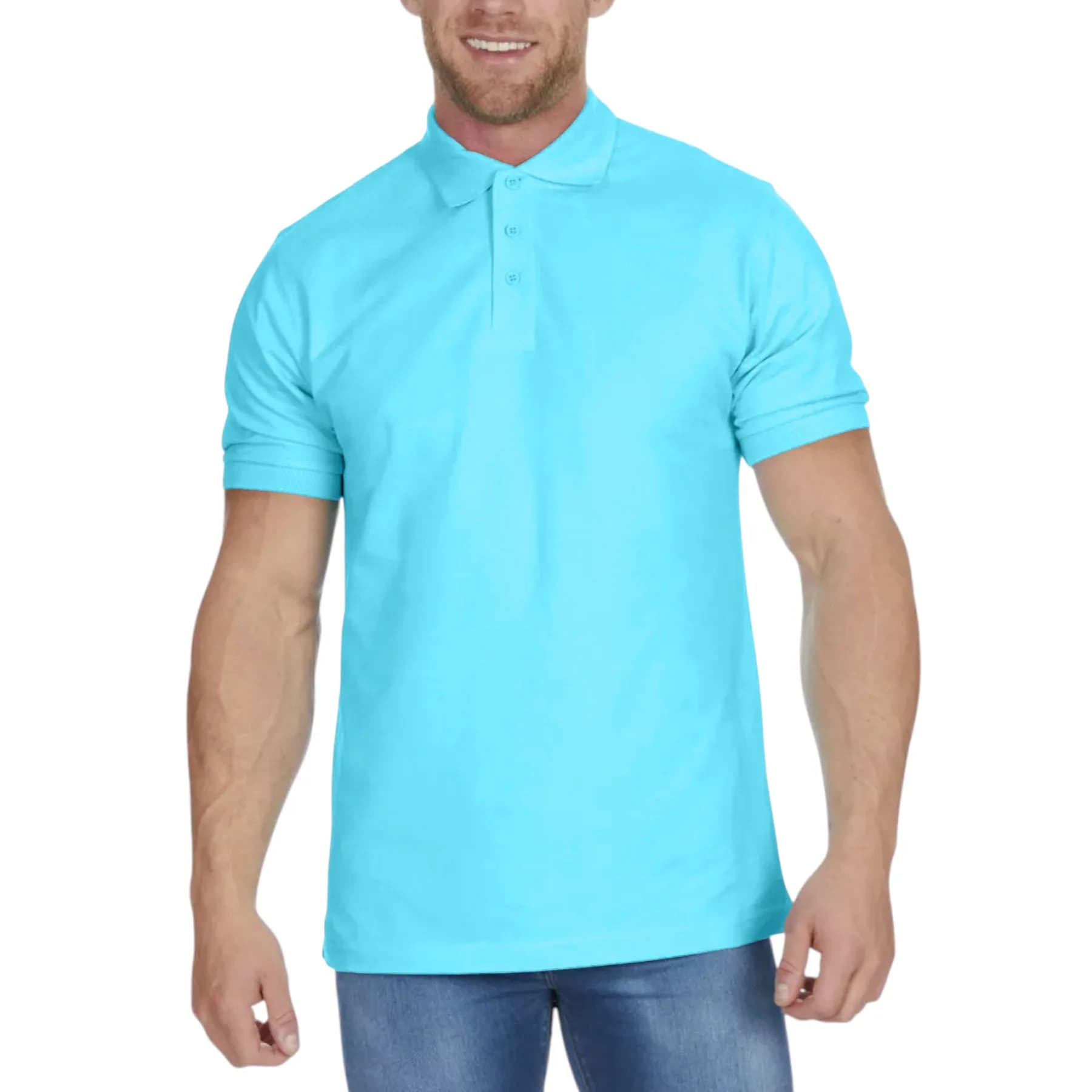 BAKARUDA mens blue cotton polo shirt front view with three-button placket