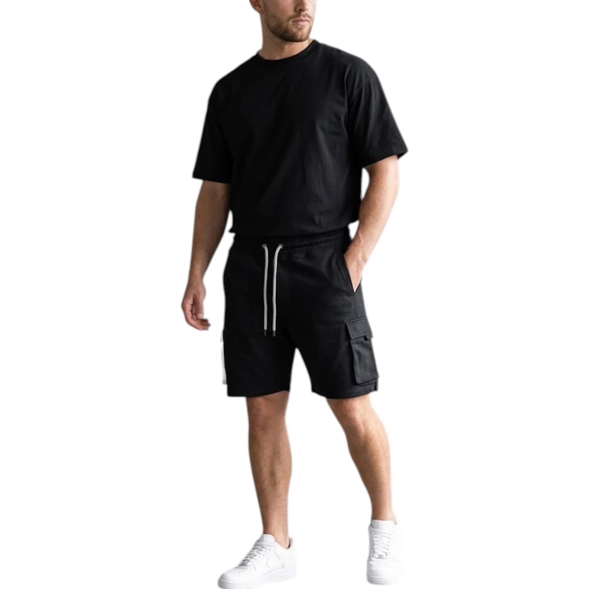 Weekend Offender black cotton cargo shorts front view with elasticated waist