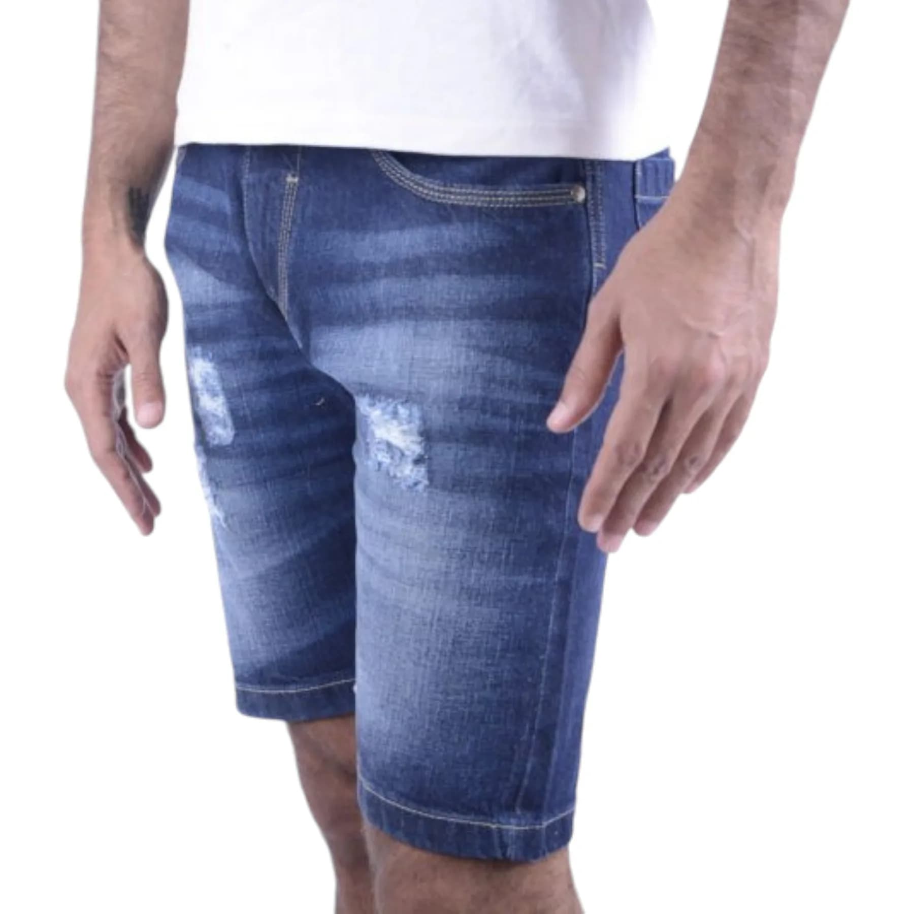 Ruf & Tuf men's dark blue distressed denim shorts front view