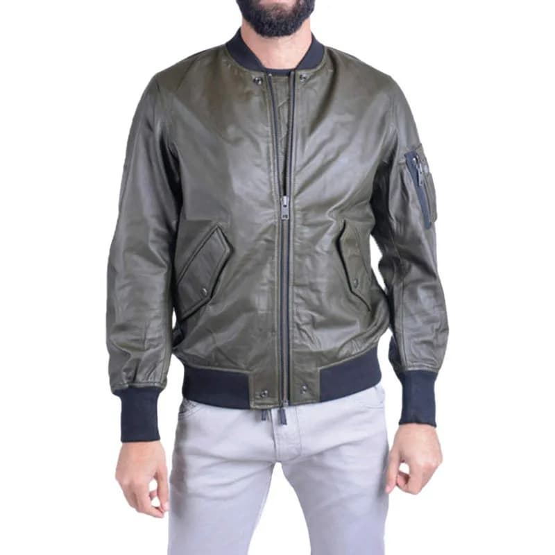 Diesel L-Parker men's black leather bomber jacket, front view