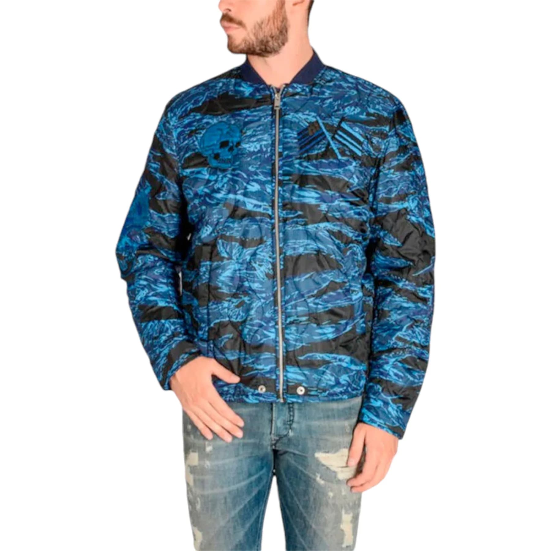 Diesel W-CAMU men's blue polyester bomber jacket, front view