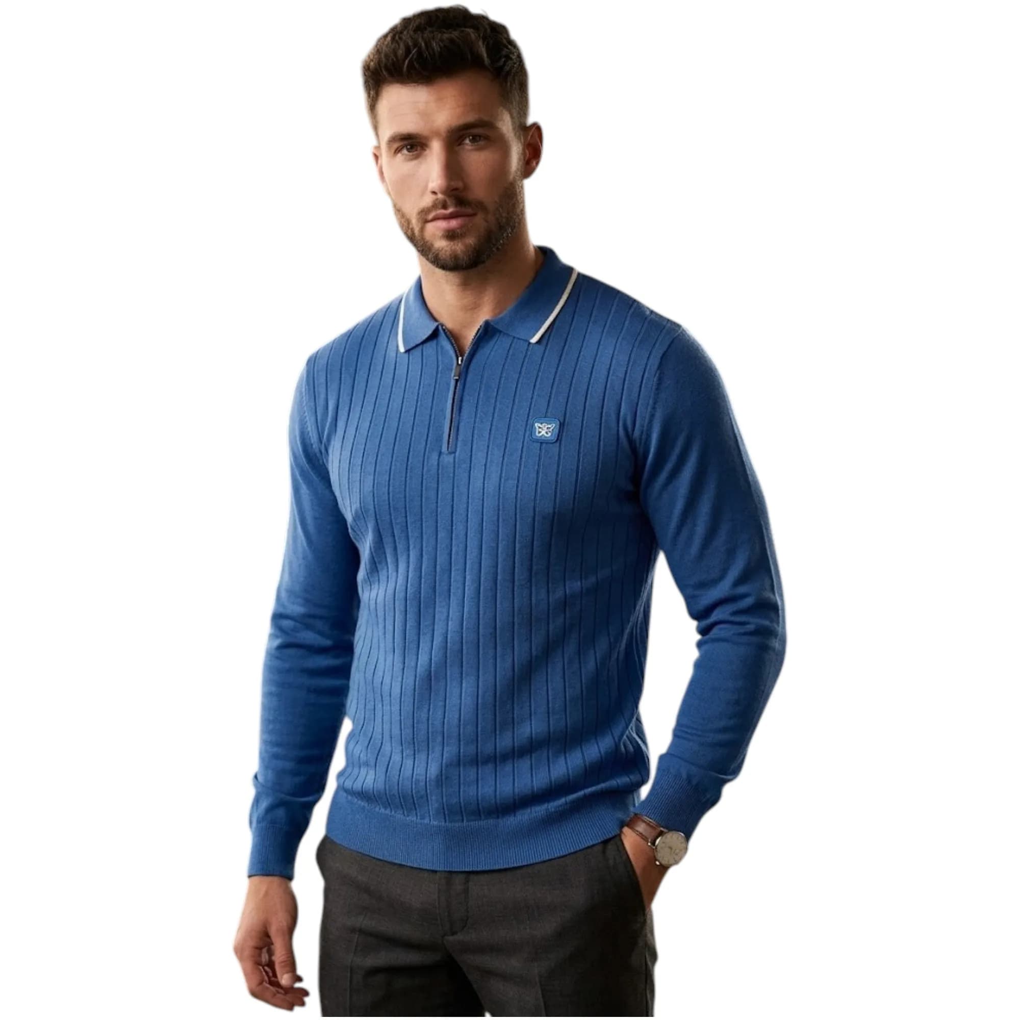 Cappuccino Varese men's long sleeve polo shirt in blue, front view