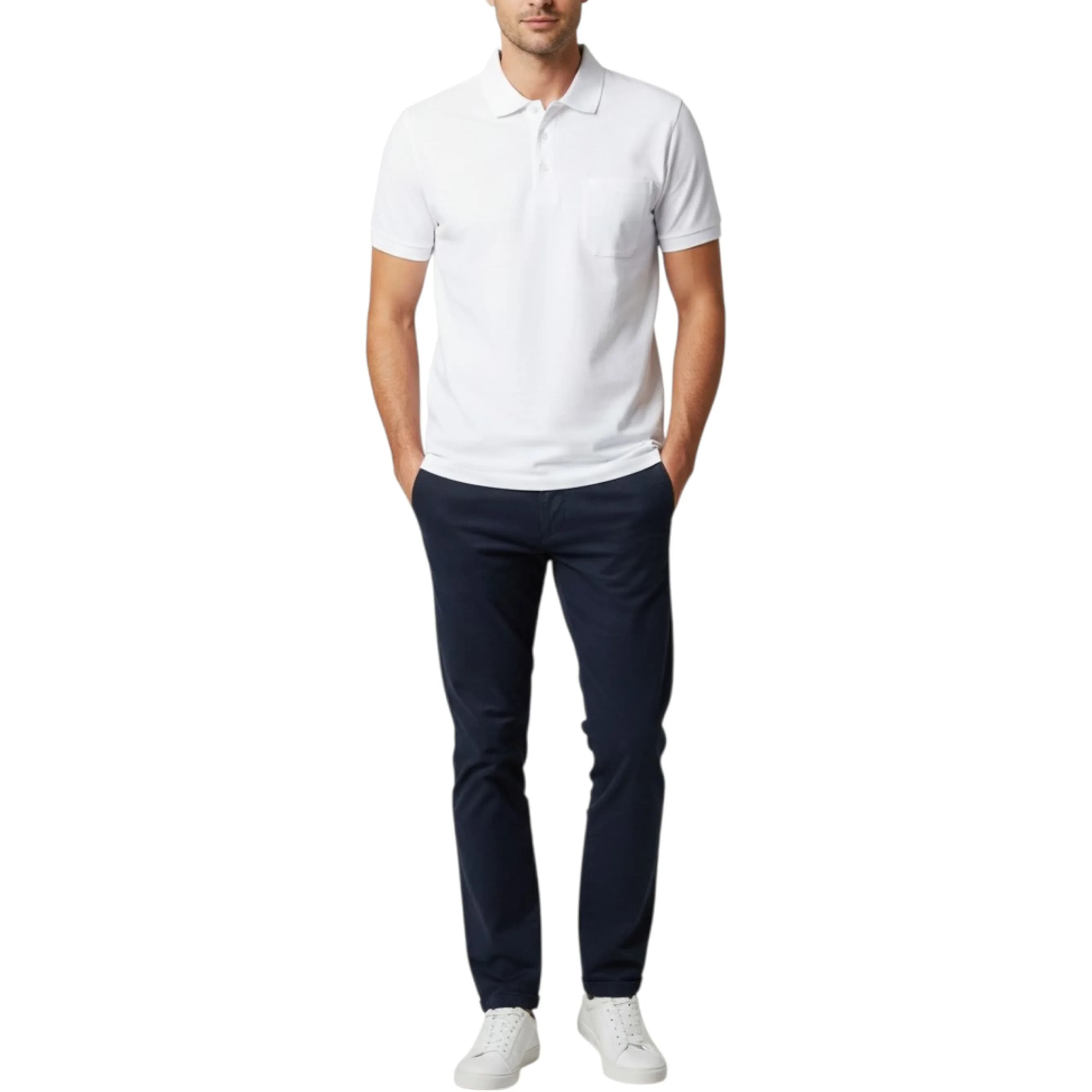FRISTADS white mens polo shirt with three-button placket, front view