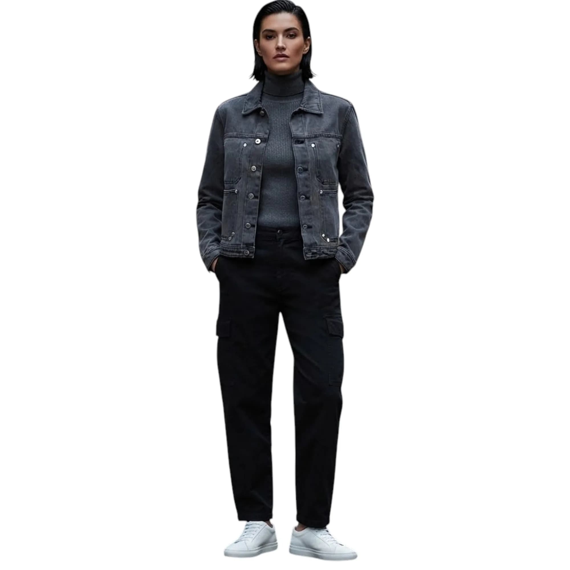TOP LOOK womens steel grey denim jacket front view with button closure