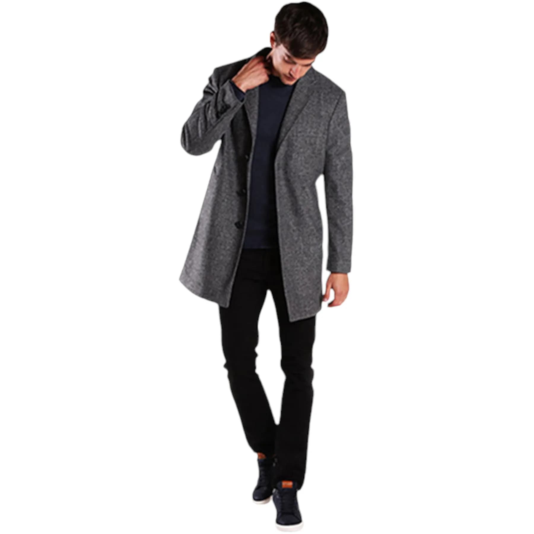 TOM TAILOR men's charcoal grey wool-blend trench overcoat with classic lapels, front view