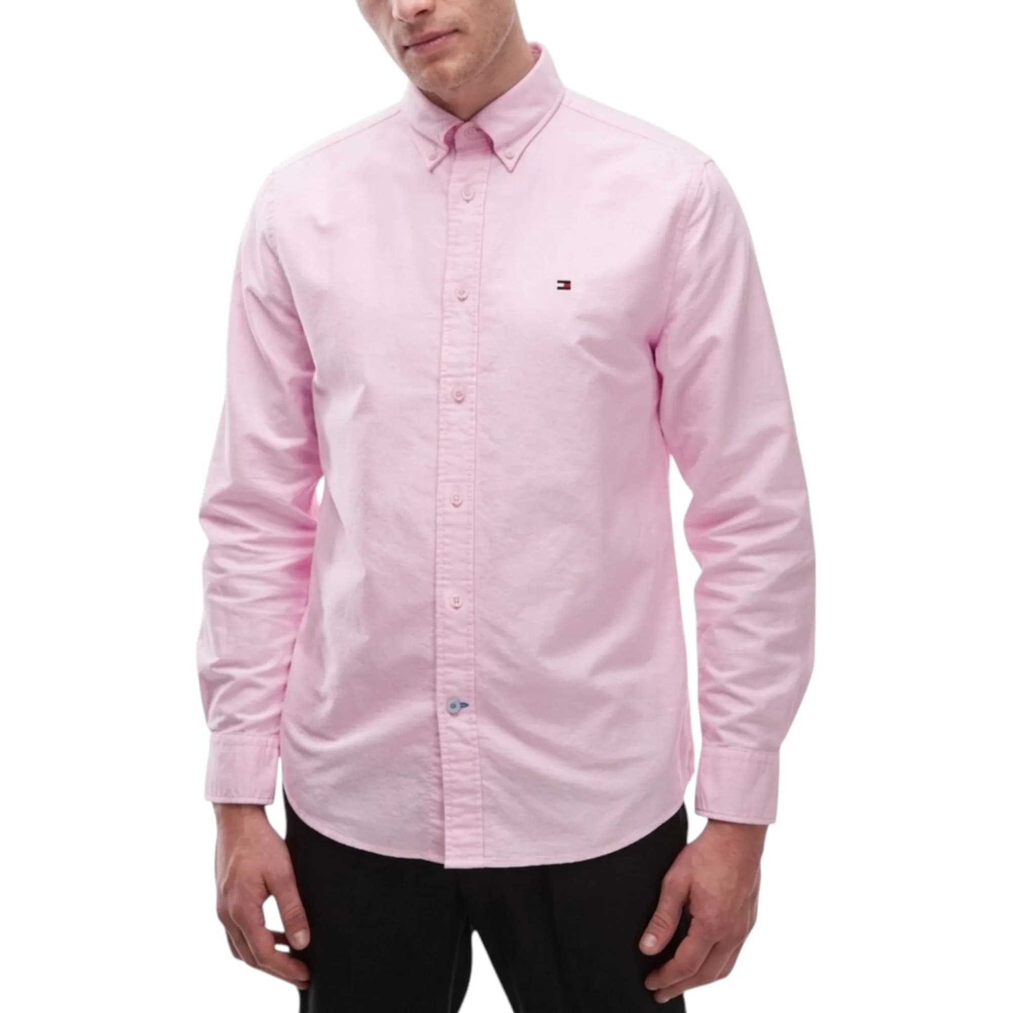 Tommy Hilfiger pink Oxford men's shirt front view with embroidered flag logo