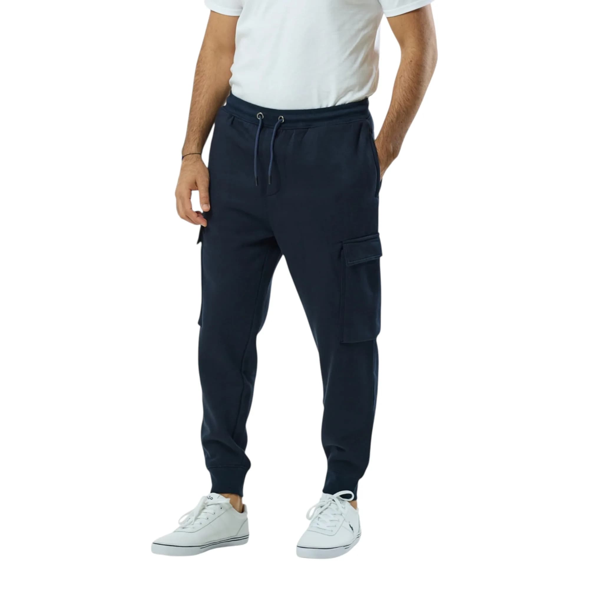 ATTIRE LONDON men's navy cargo joggers front view