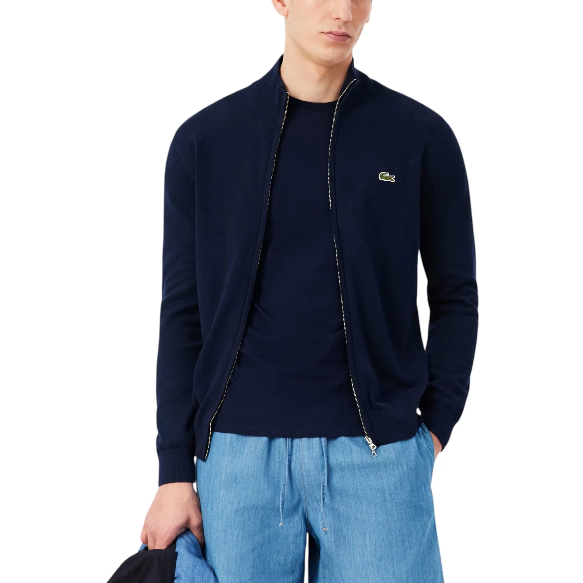 Lacoste AH1957 men's navy cotton sweater with embroidered crocodile logo, front view