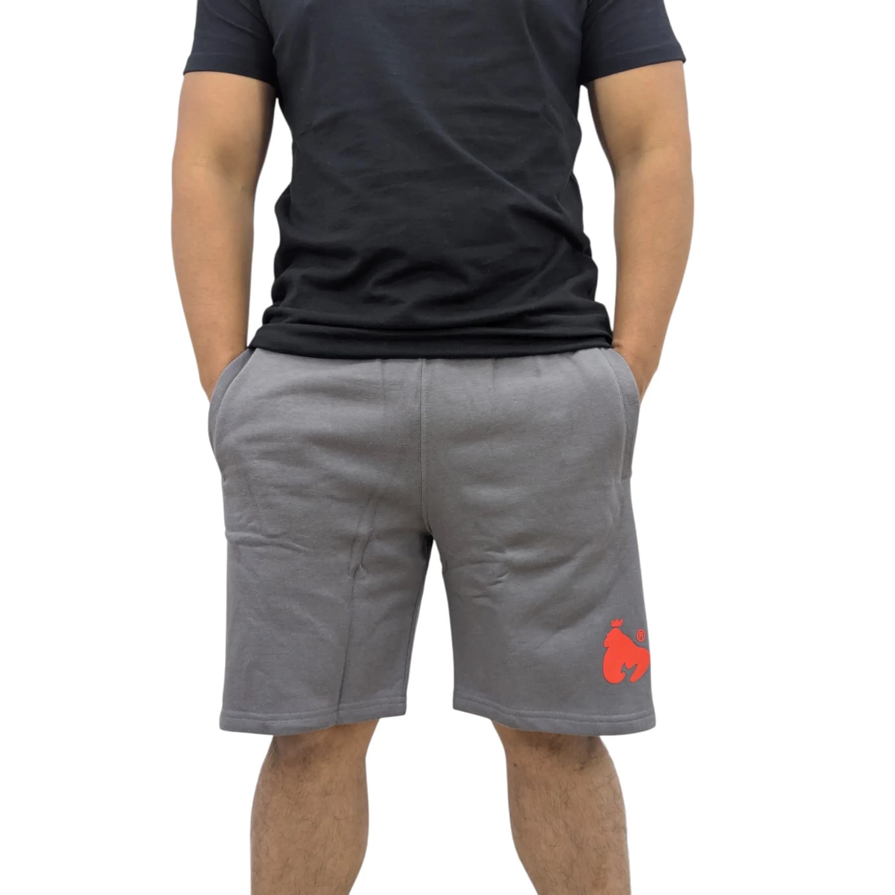 Money Clothing dark grey mens shorts front view with King Ape logo