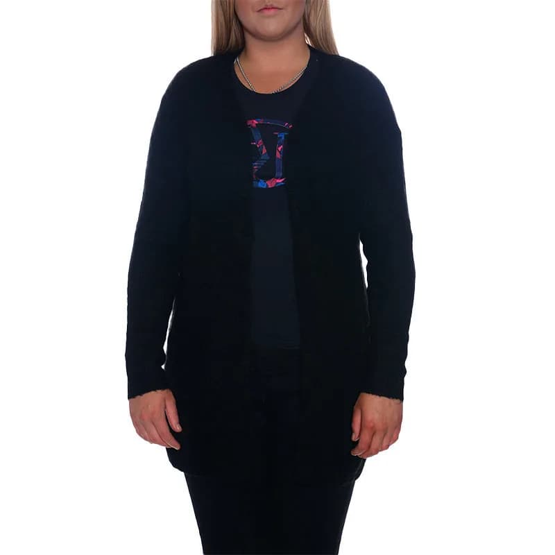 Amisu black open cardigan with front pockets and ribbed cuffs, front view