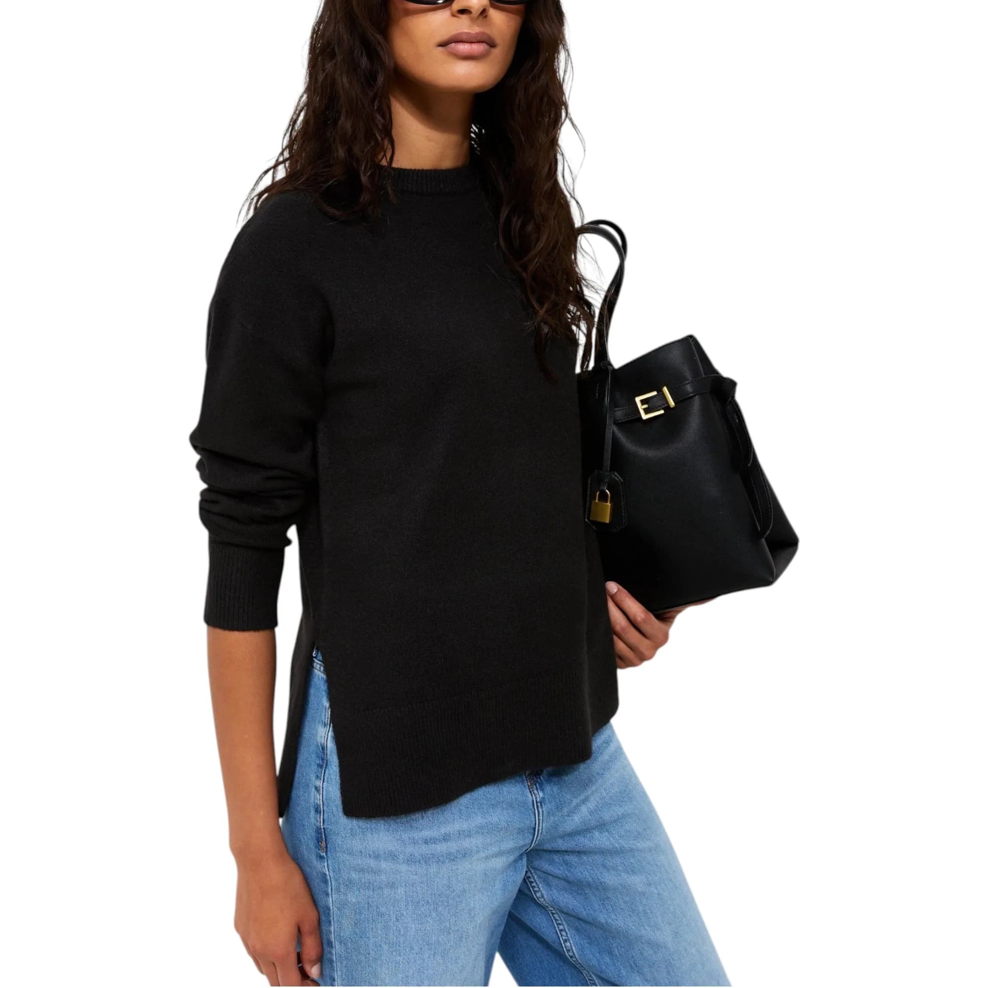 New Look black side slit jumper, front view with longline silhouette and drop shoulders
