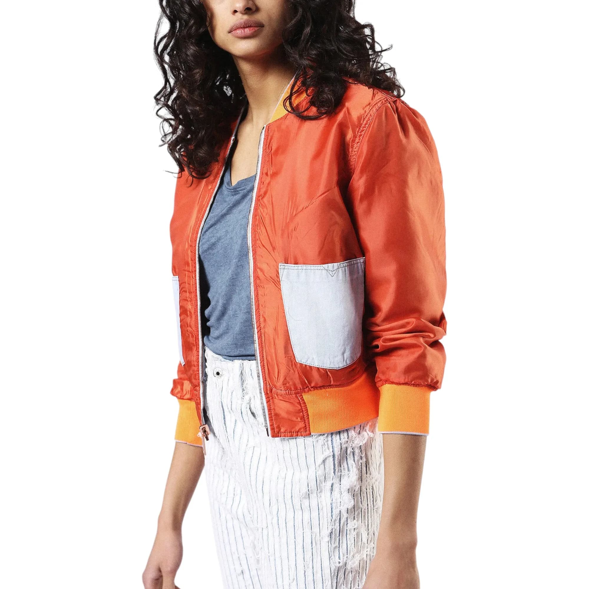 Diesel DE-GIO reversible bomber jacket front view in blue and orange