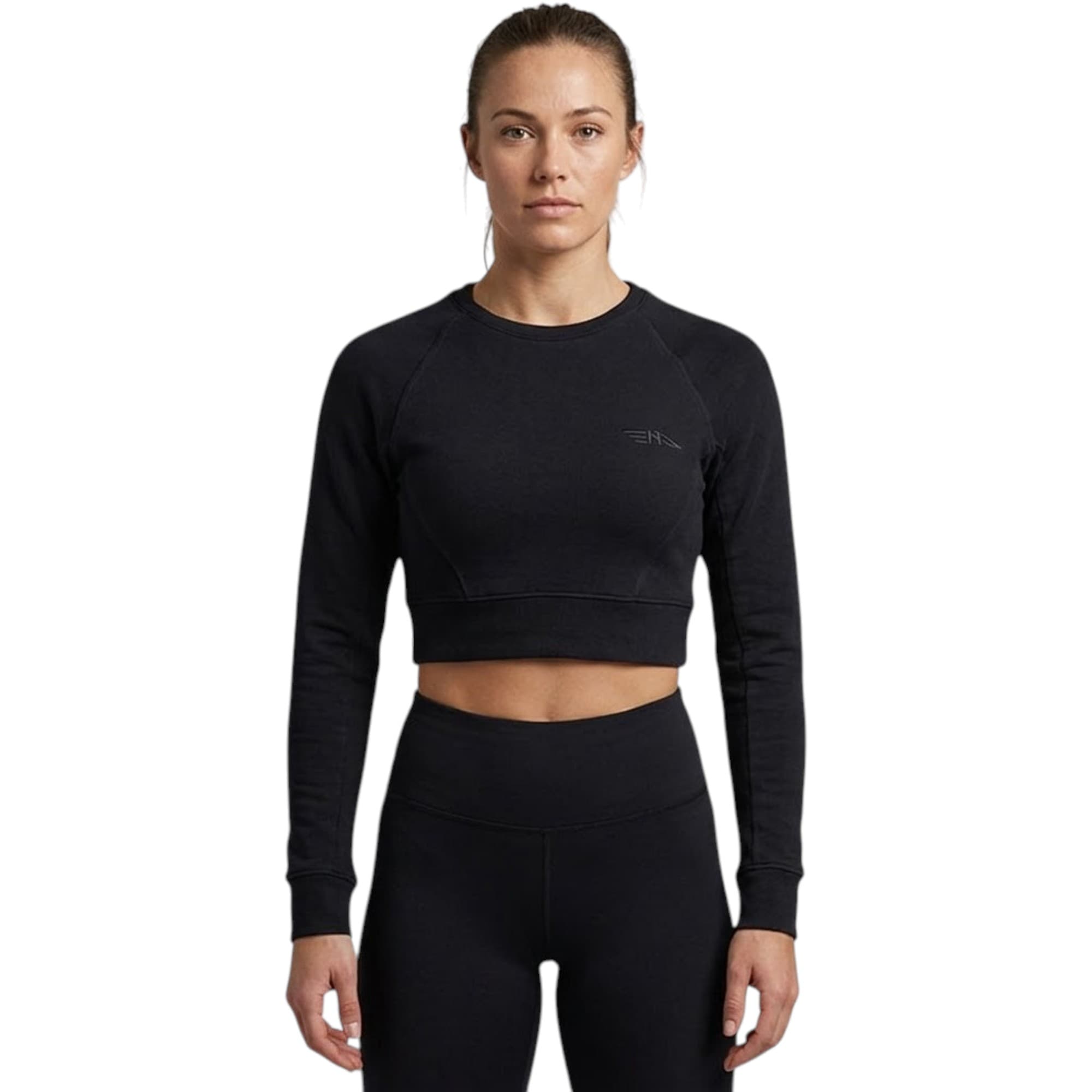 BAA Clothing black crop top front view, slim fit with long sleeves