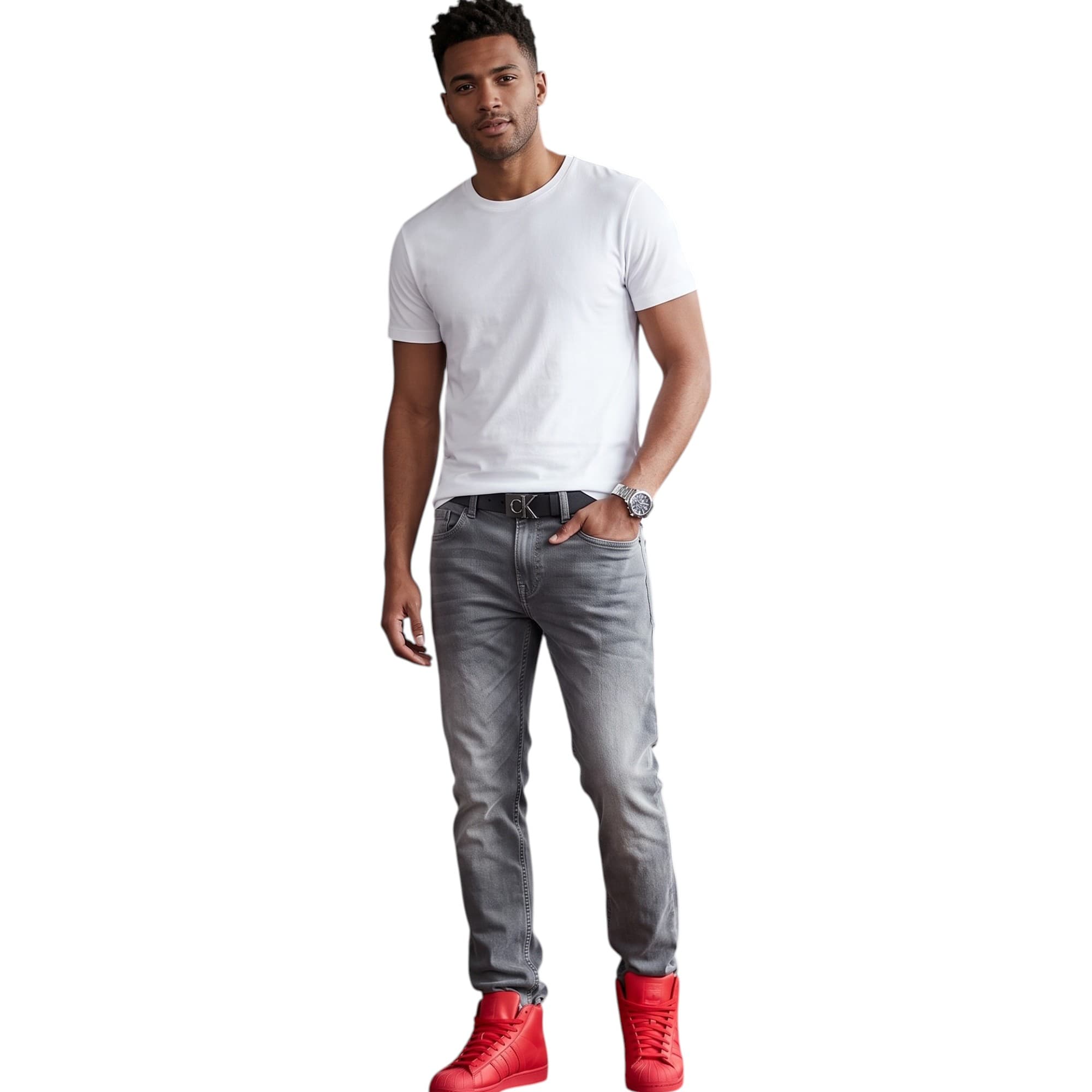 Calvin Klein CKJ 026 men's slim fit jeans in light grey, front view