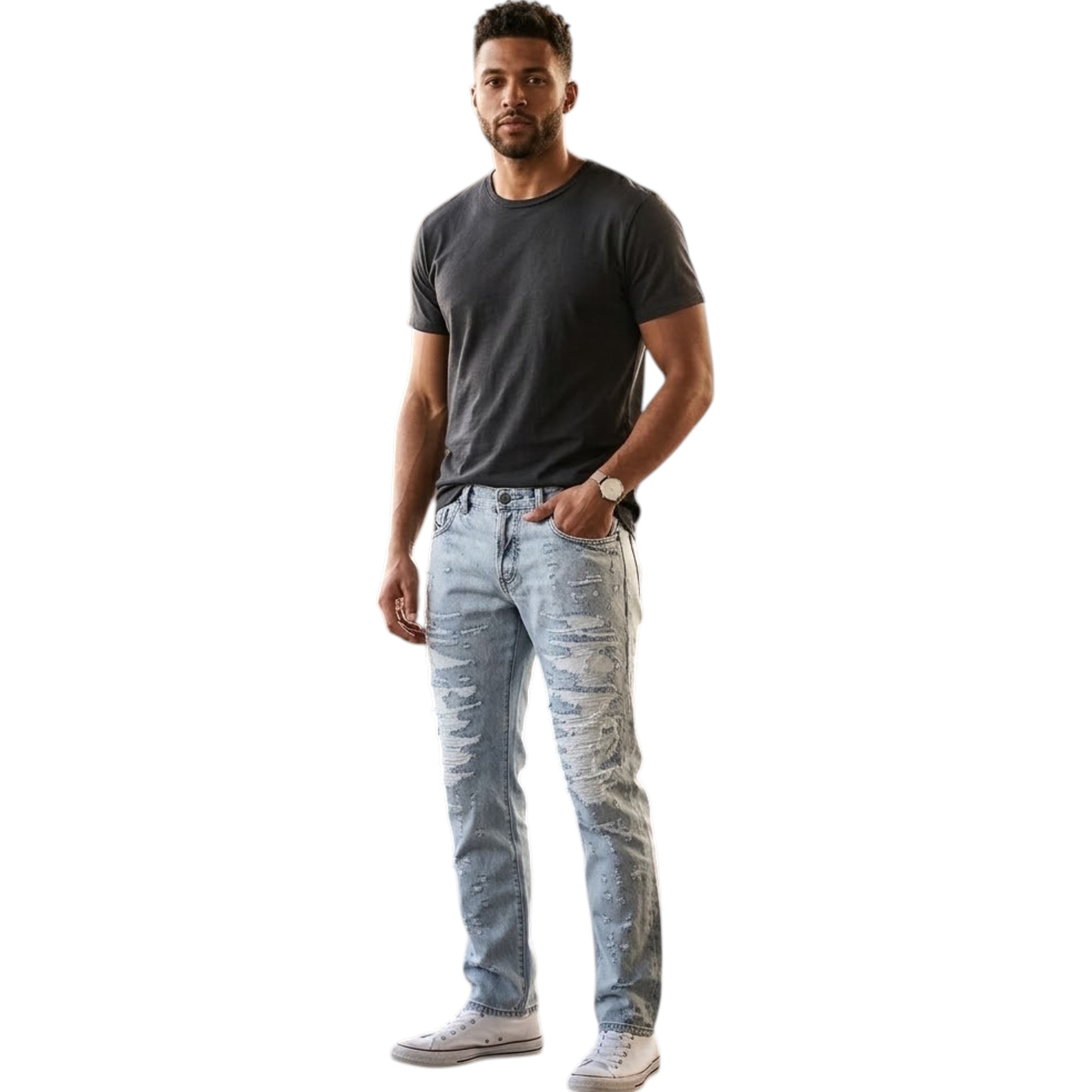 Diesel Black Gold men's slim-fit denim jeans in distressed black, front view