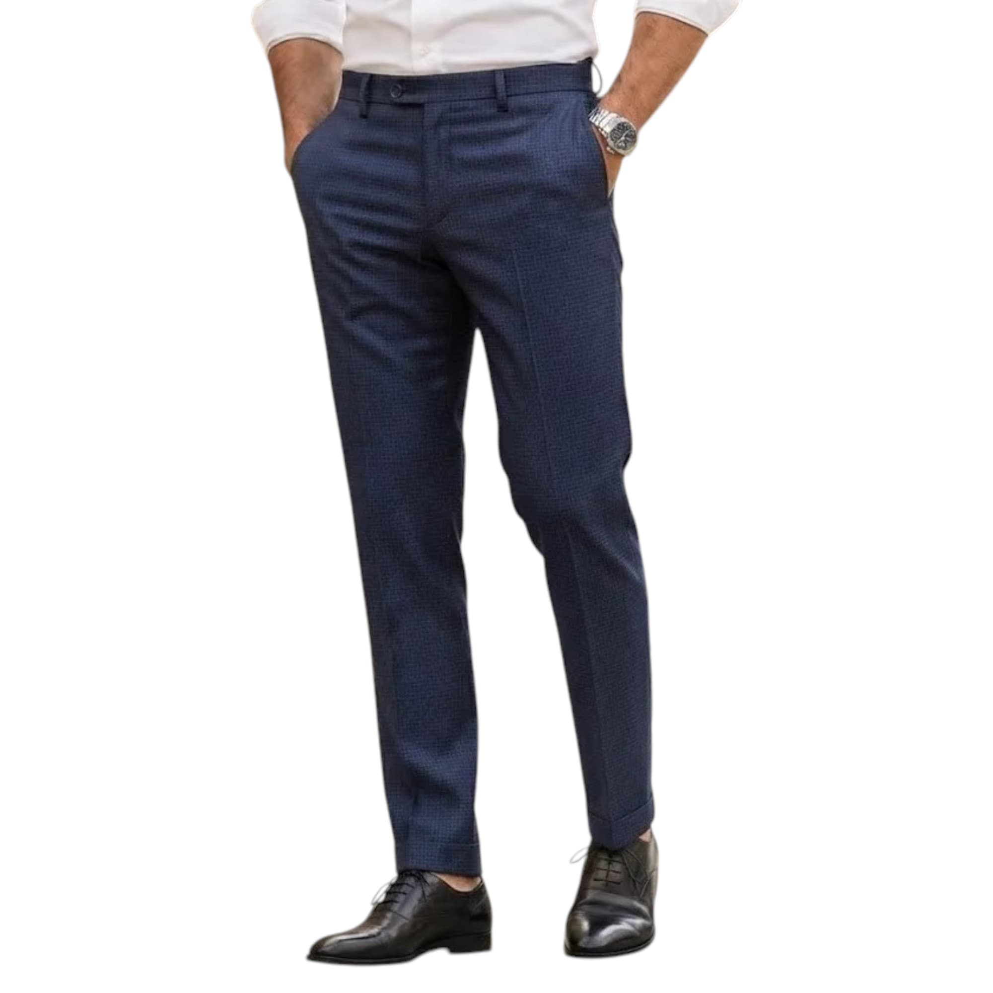 Farah classic navy cotton trousers front view flat front straight cut