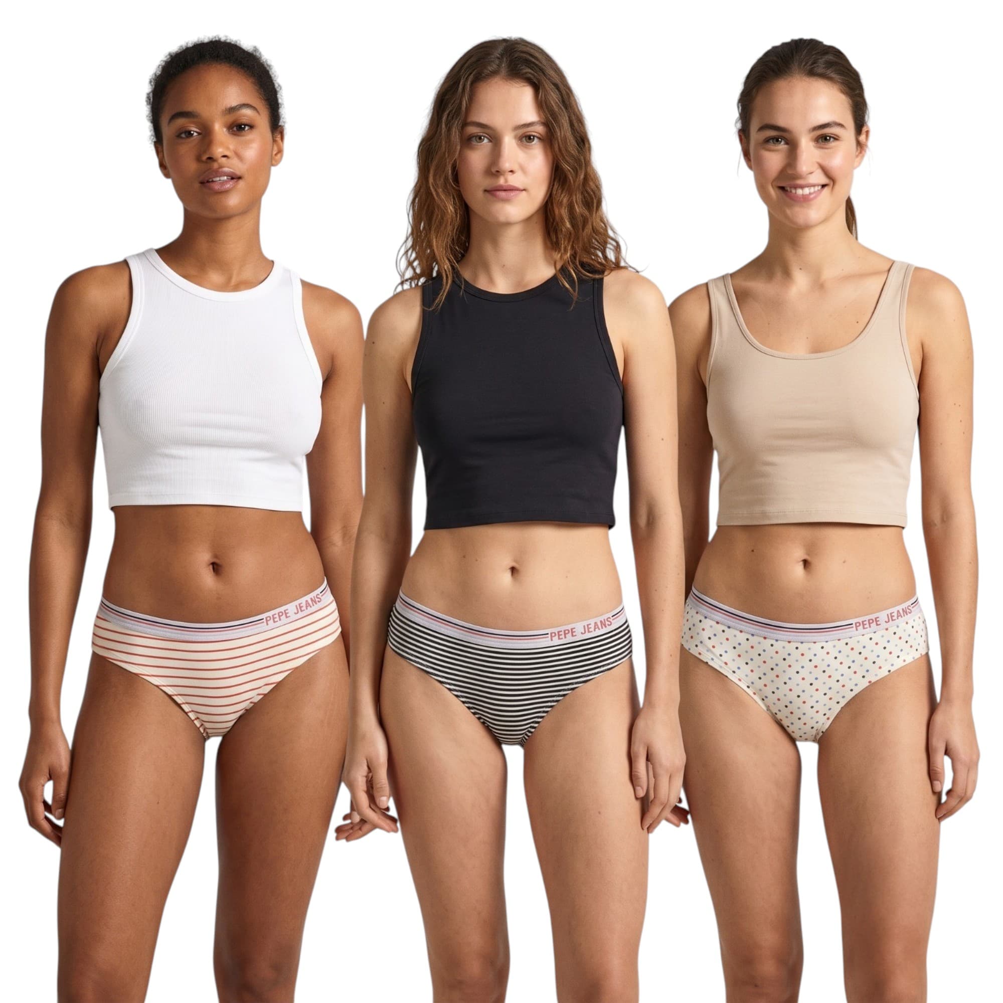 Pepe Jeans women's bikini briefs 3-pack front view, black line colour