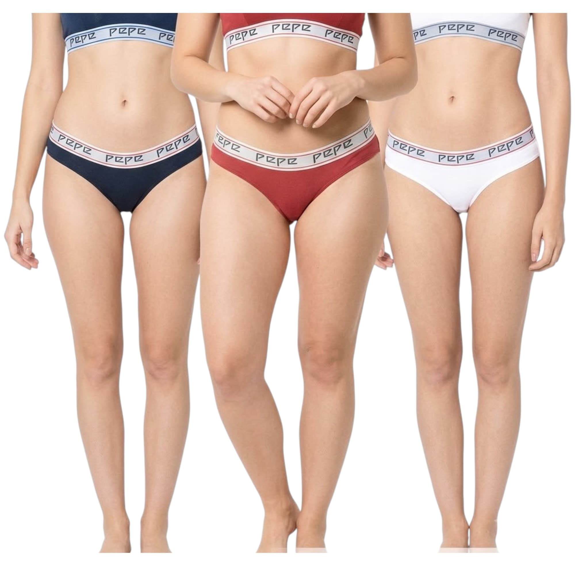 Pepe Jeans London women's bikini bottom three-pack in red, white and navy front view