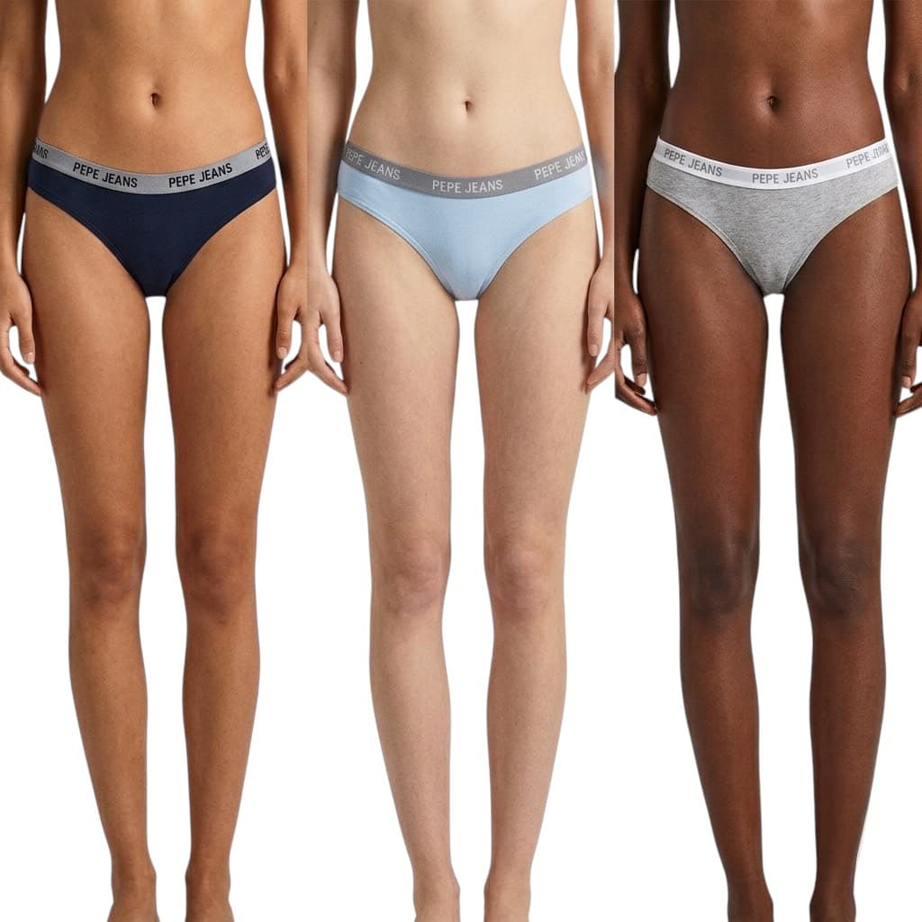 Pepe Jeans women's bikini brief 3-pack front view, black, grey and white