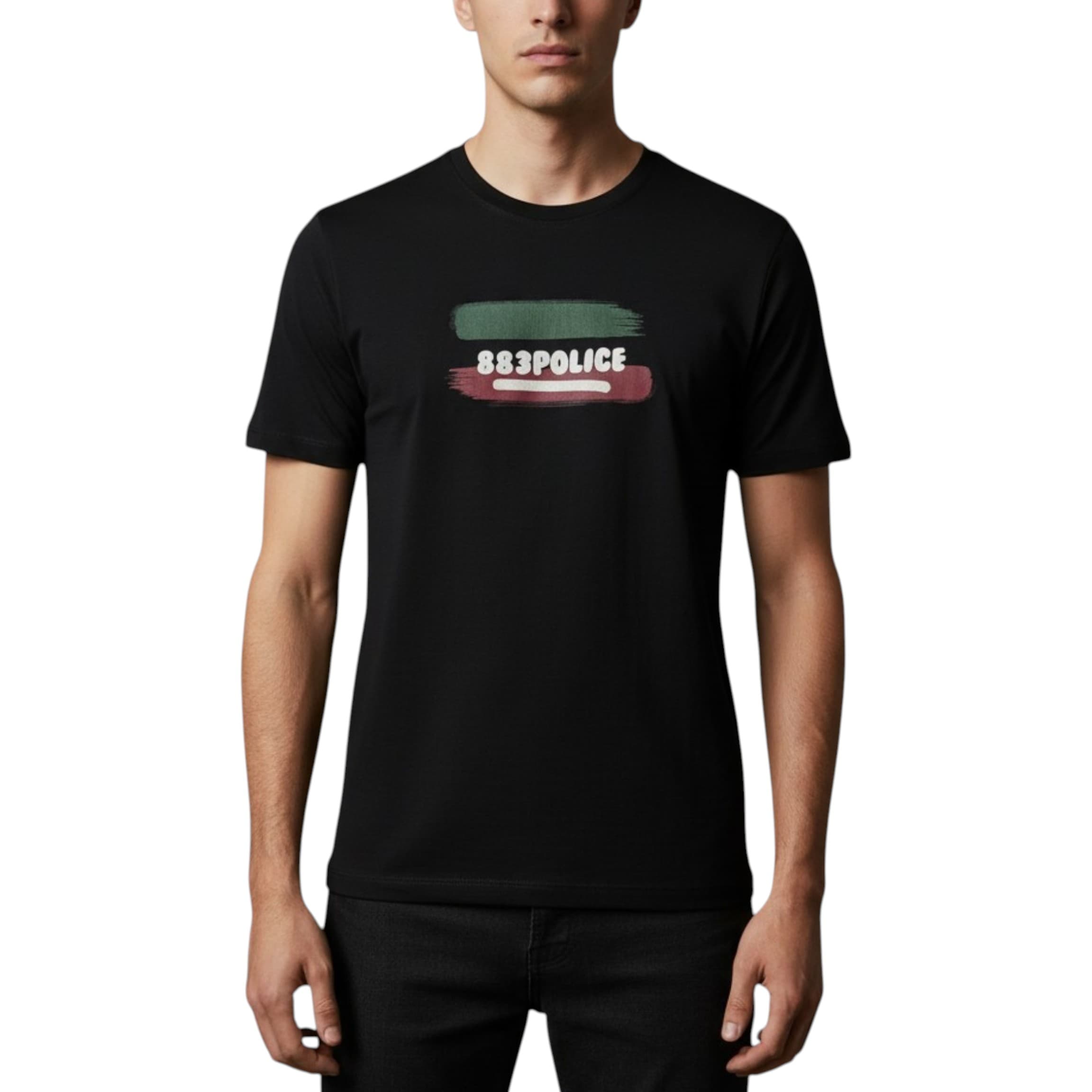 883 POLICE BRIK T mens black cotton t-shirt front view with chest print