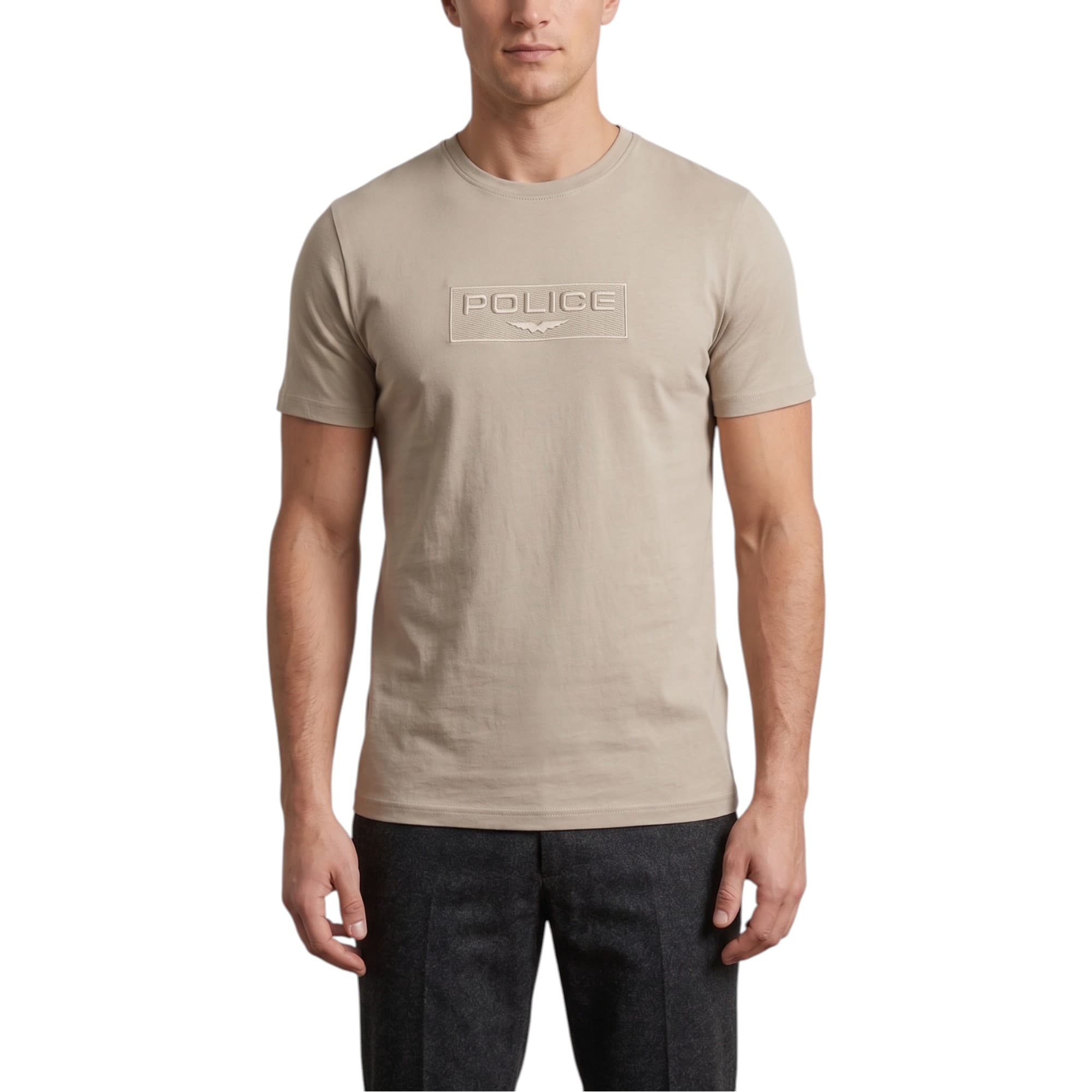 883 Police COATS beige men's crew neck cotton t-shirt front view