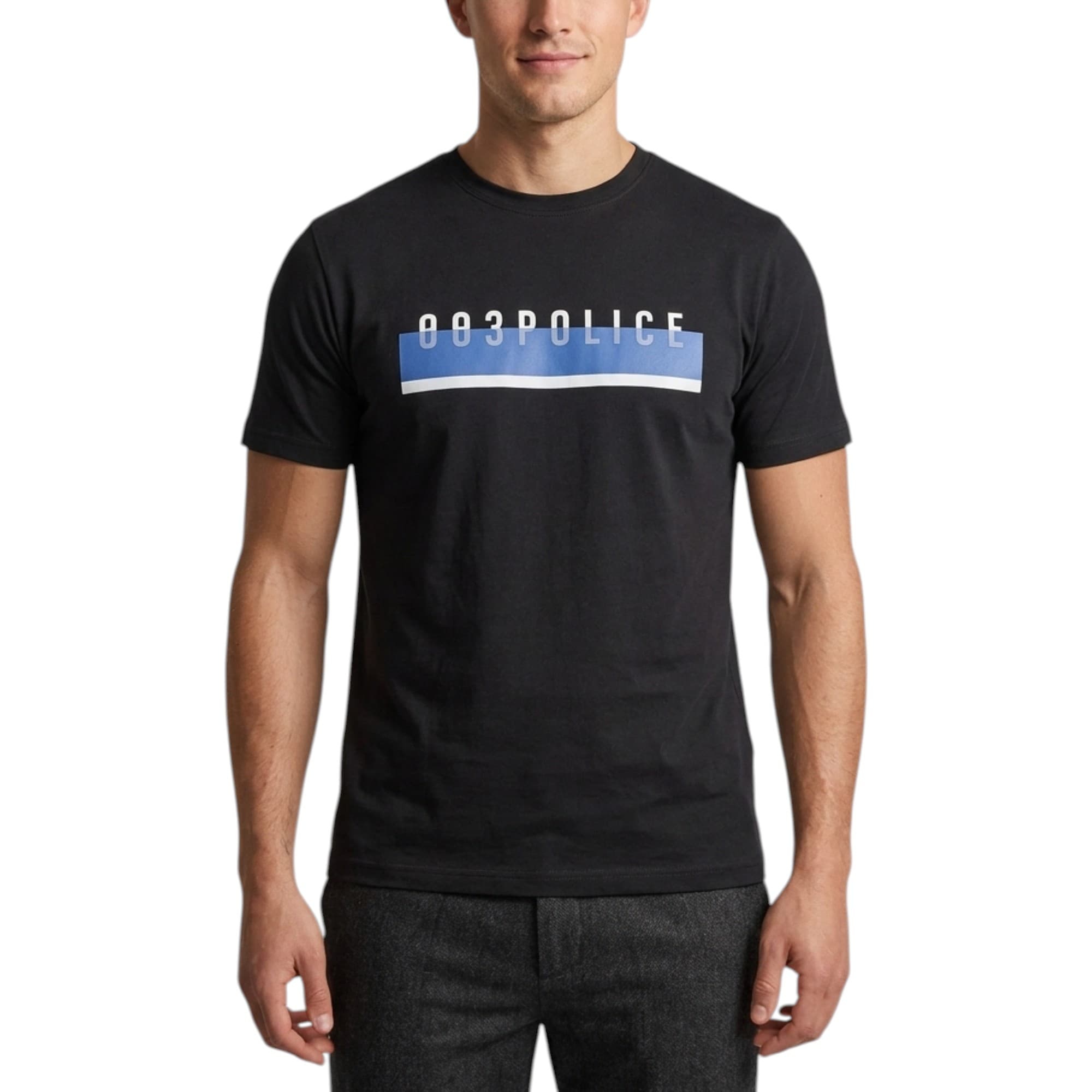 883 Police Bodmin black crew neck cotton t-shirt front view with embossed logo