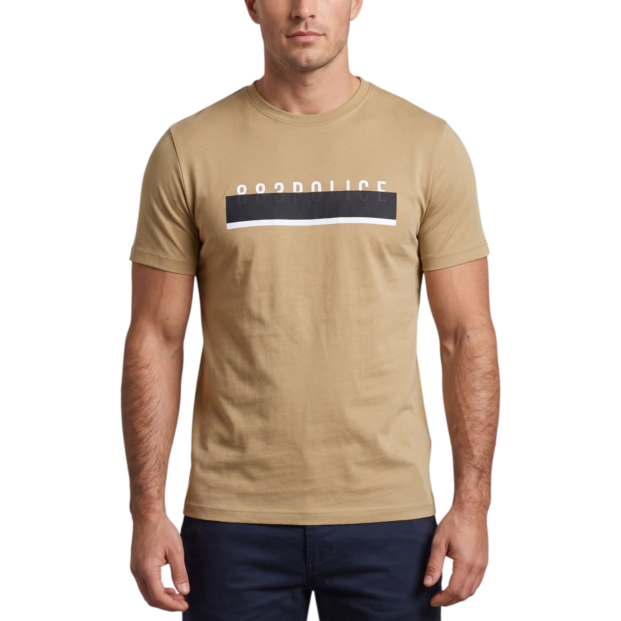 883 Police Bodmin brown crew neck cotton t-shirt front view with embossed logo
