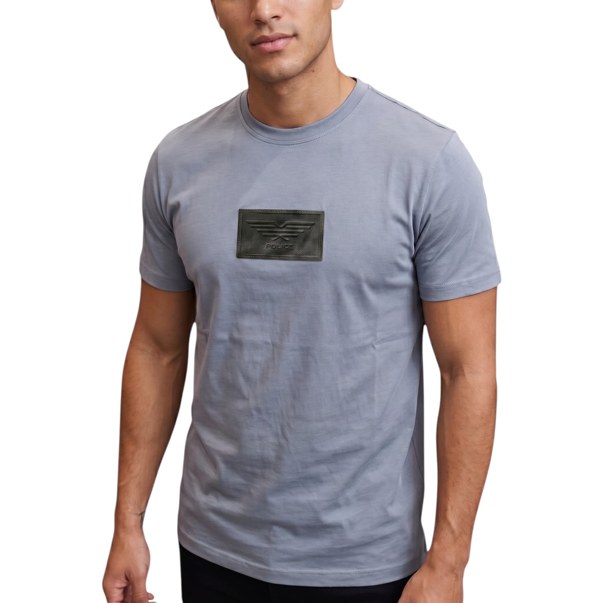883 Police Siclen grey crew neck cotton t-shirt with embossed chest logo, front view