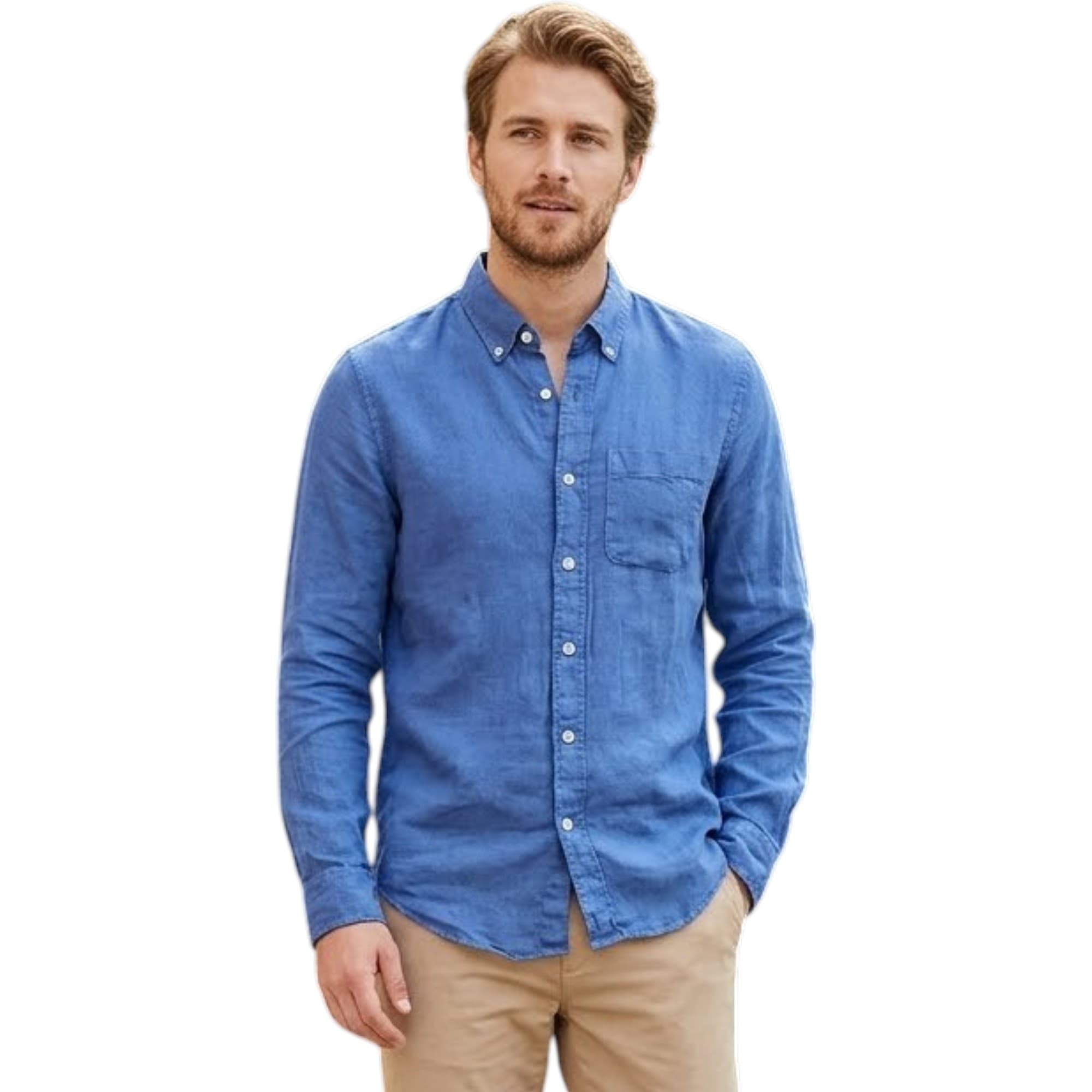 Abercrombie & Fitch men's blue linen shirt front view with button-up closure