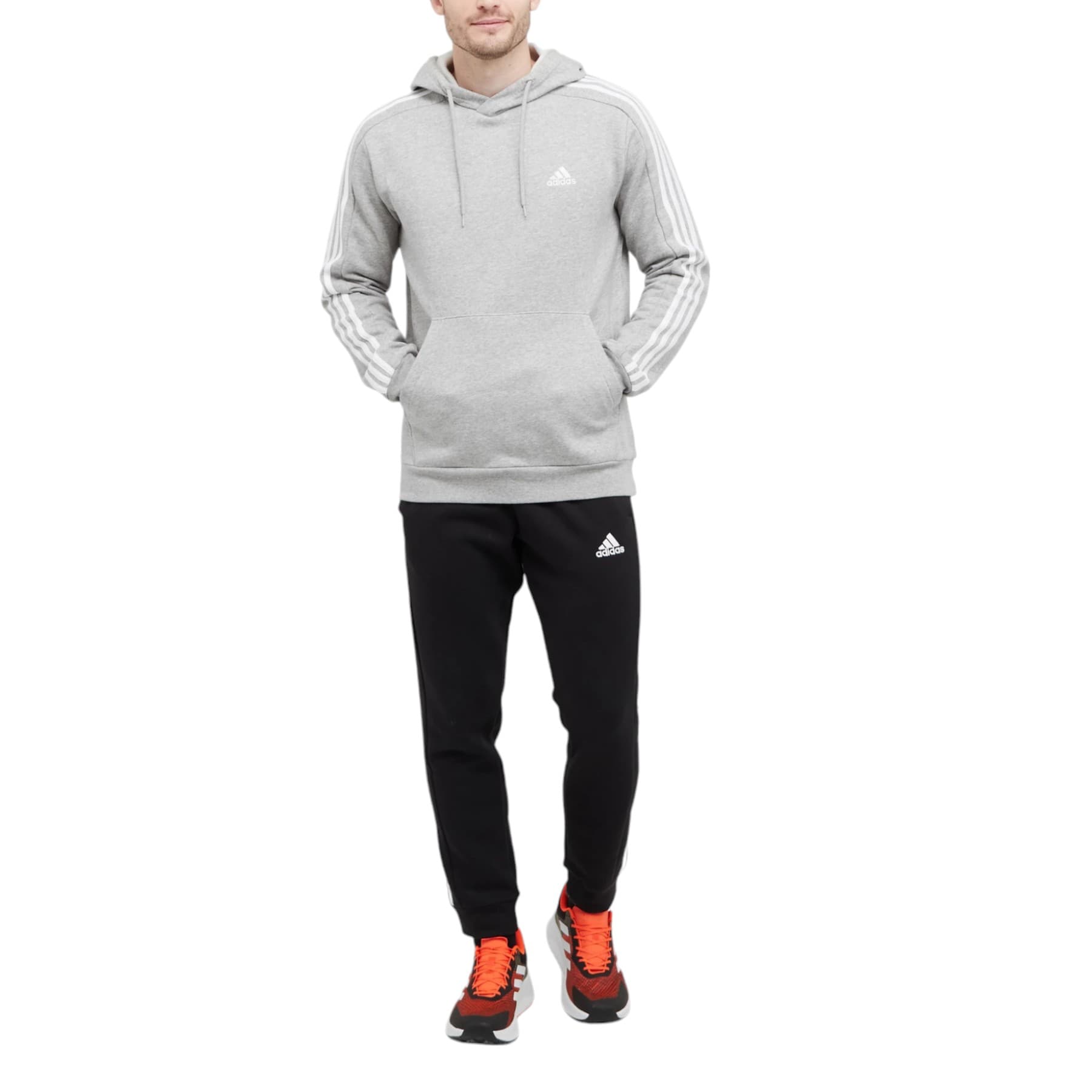 Adidas mens regular fit hoodie in grey with drawcord hood, front view